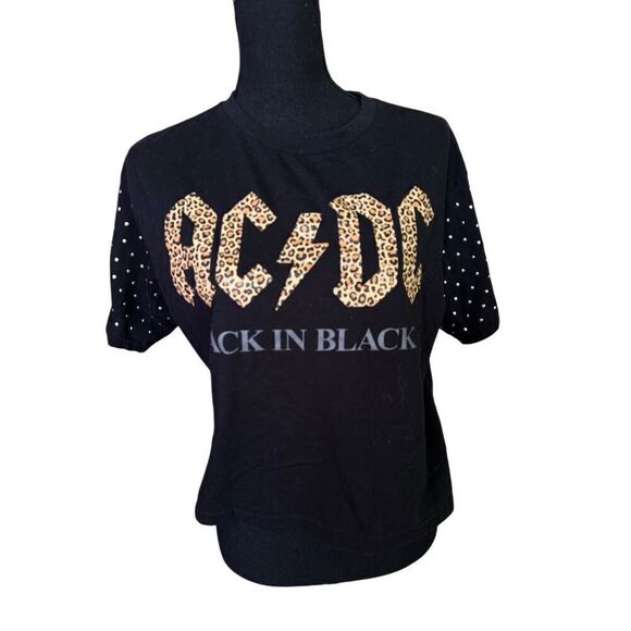 AC⚡️DC Black & Leopard Print Short Sleeved Cropped T-Shirt Back in Black Bedazzl - Picture 1 of 6